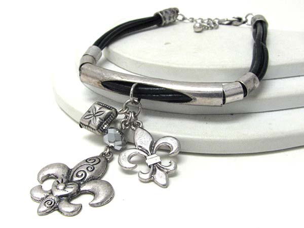 Metal fluer de lis charm and metal tube and multi cord bracelet