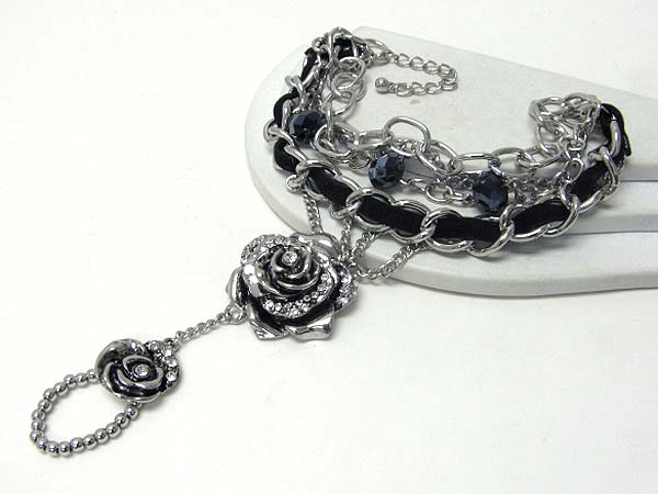 Crystal deco metal rose and suede chain bracelet