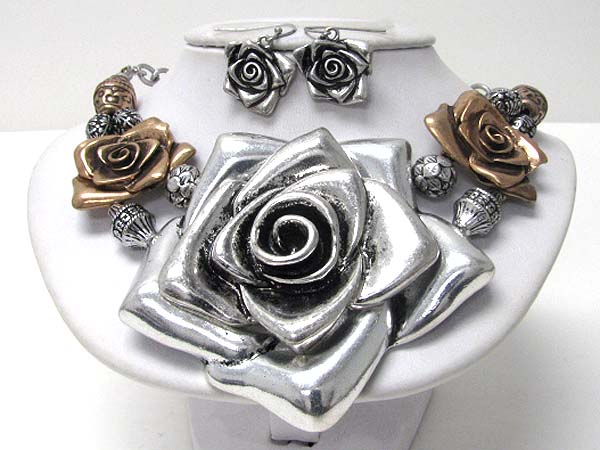 Massive style metal rose pendant necklace earring set