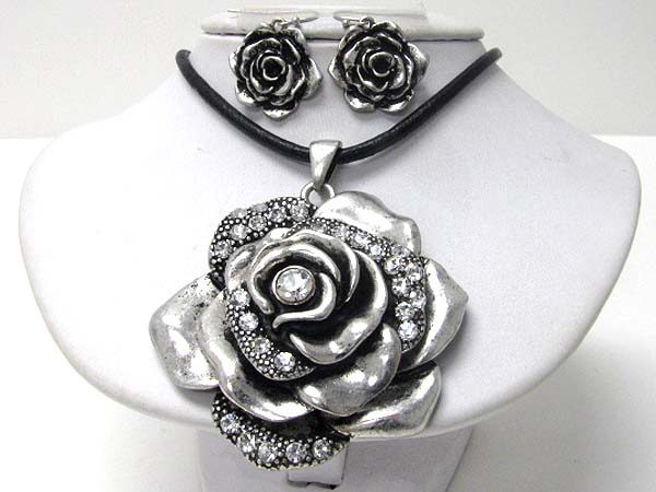 Crystal deco large metal rose pendant and cord necklace earring set