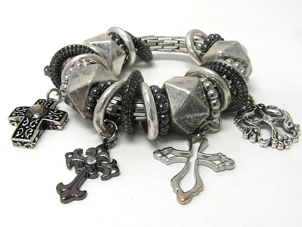 Cross charm dangle spike metal beads stretch bracelet