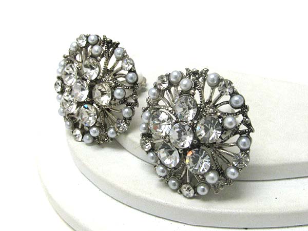 Retro vintage crystal and pearl flower clip on earring