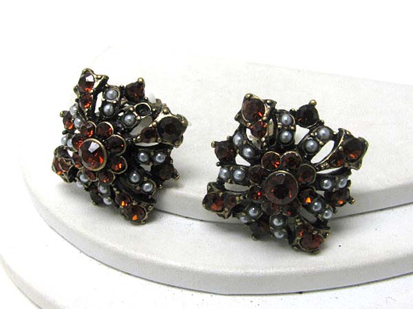 Retro vintage crystal and pearl flower clip on earring