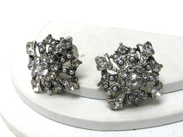 Retro vintage crystal and pearl flower clip on earring