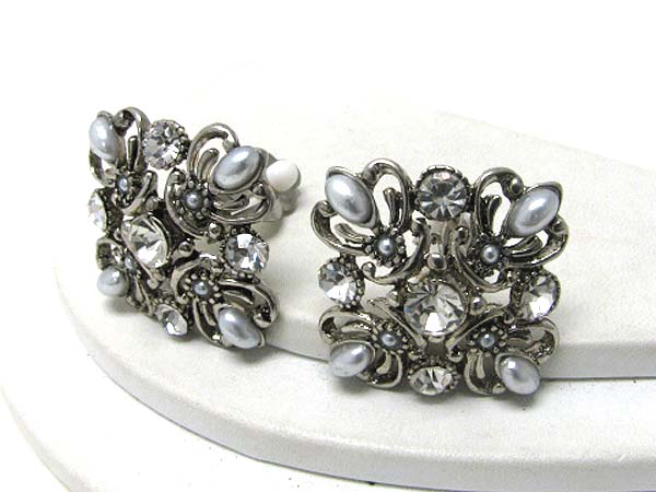 Retro vintage crystal and pearl flower clip on earring