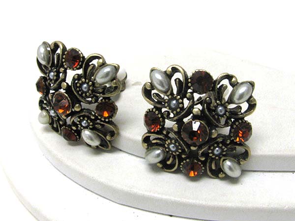 Retro vintage crystal and pearl flower clip on earring