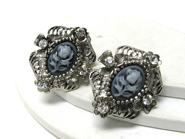 Retro vintage crystal stud flower picture clip on earring