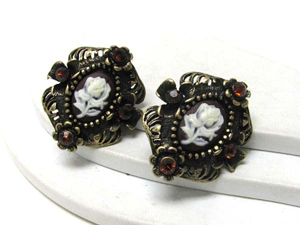 Retro vintage crystal stud flower picture clip on earring