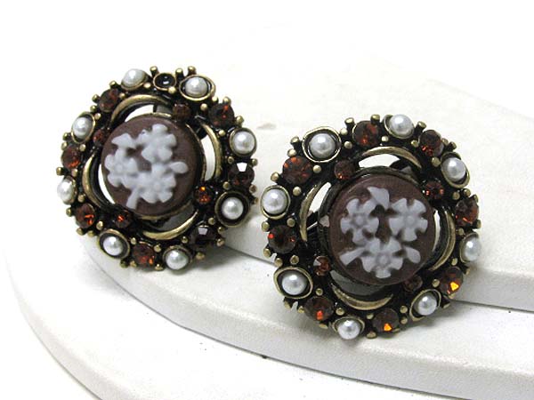 Retro vintage crystal and pearl stud flower picture clip on earring