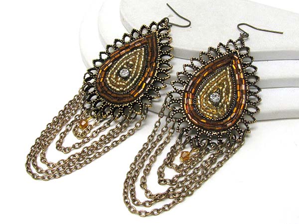 Glass seed beads deco metal hanging chain drop earring