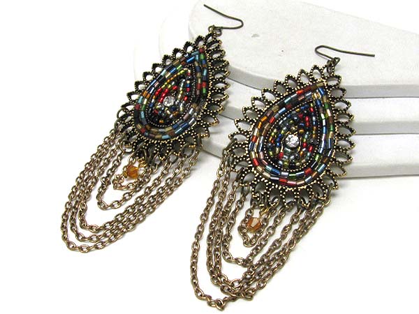 Glass seed beads deco metal hanging chain drop earring