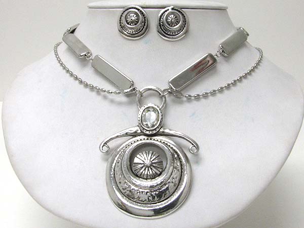 Round metal art deco pendant metal stick link necklace earring set