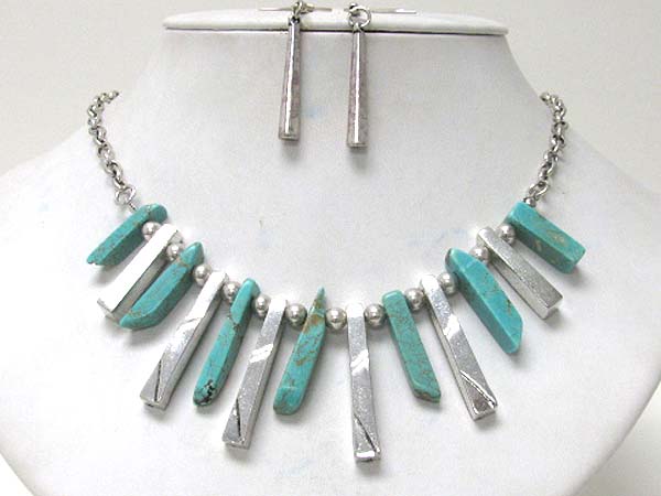 Multi turquoise stone and metal bar dangle necklace earring set