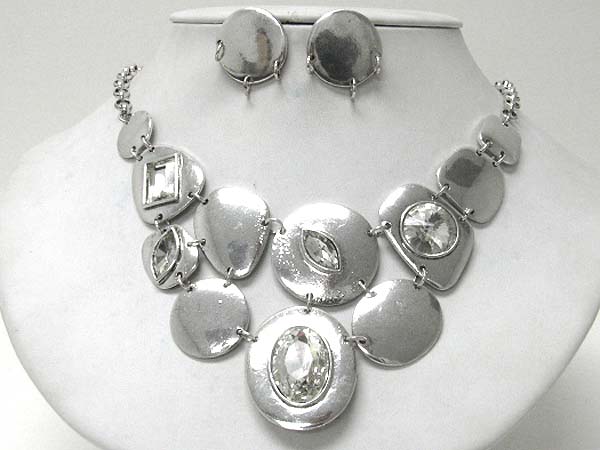 Massive style glass stone deco round metal disk link necklace earring set