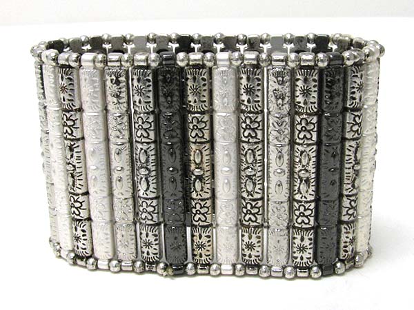 Detail textured tall metal bar link stretch bracelet