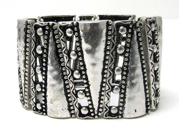 Hammered and detail textured metal bar link stretch bracelet