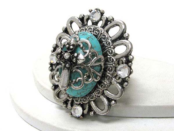 Large turquoise stone and metal art deco stretch ring