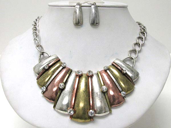 Crystal stud vintage metal bar link bib neckalce earring set