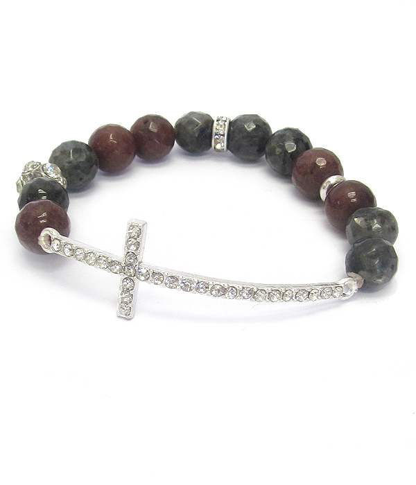 Crystal cross and facet stone bead stretch bracelet