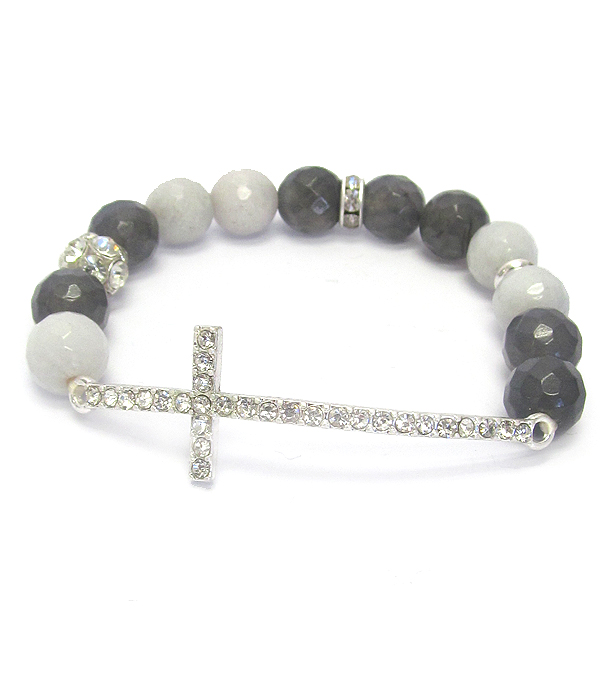 Crystal cross and facet stone bead stretch bracelet