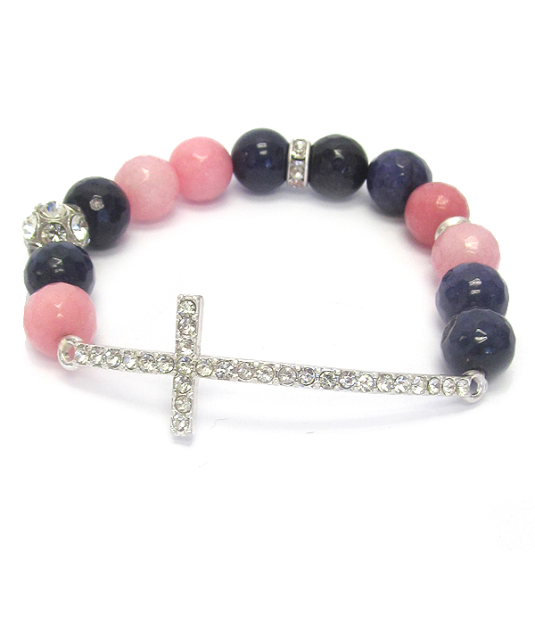 Crystal cross and facet stone bead stretch bracelet