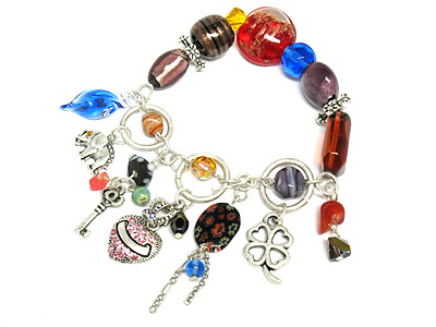 Multi color glass and crystal fun charm dangle bracelet