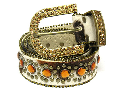 Double crystal stud buckle and metal deco brown tone fashion belt