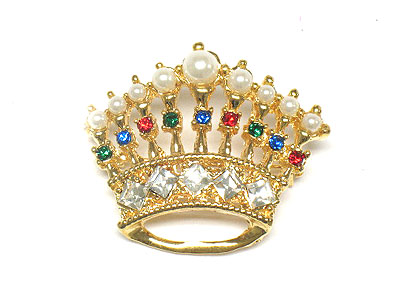 Multi gem and pearl crown brooch