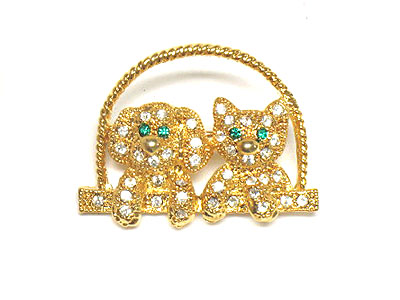 Crysyal dog and cat brooch