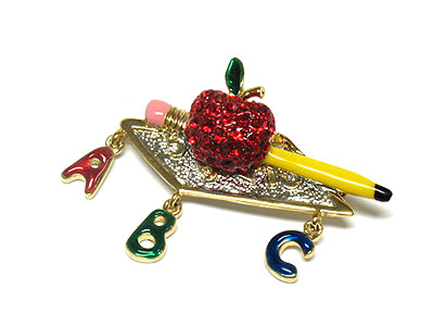 Back to school theme crystal apple brooch