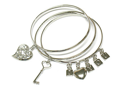 Heart and key dangle triple bangle - i love you