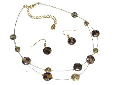 Multi small glass and metal disk double wire strands necklace and earring set