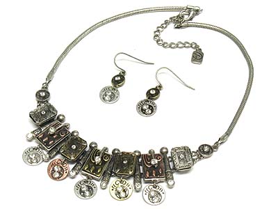 Crystal deco casting metal and disk charms mesh chain necklace and earring set