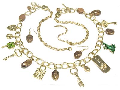 Multi key and lock and charms large chain necklace and patina stone earring