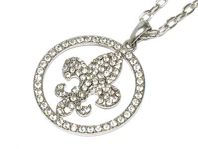 Crystal fleur de lis round pendant necklace