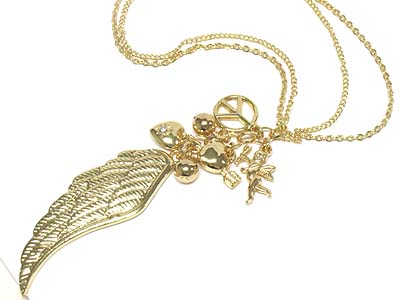 Metal wing and multi charms and double strand chains necklace 