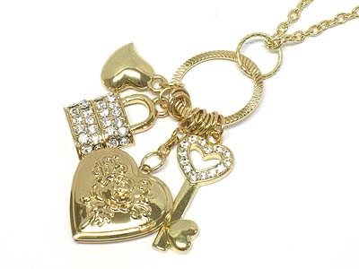 Crystal deco multi charms and heart rocket necklace 