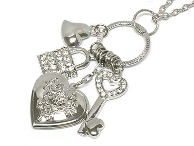 Crystal deco multi charms and heart rocket necklace