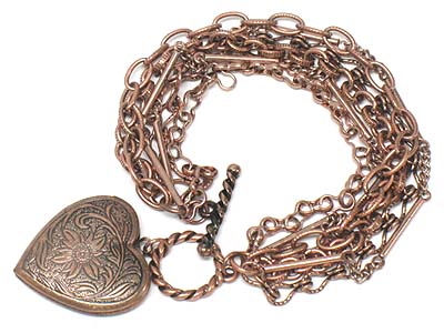 Metal heart locket and multi strands toggle bracelet