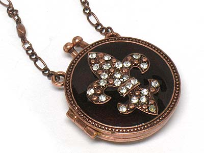 Crystal fleur de lis round locket pendant necklace