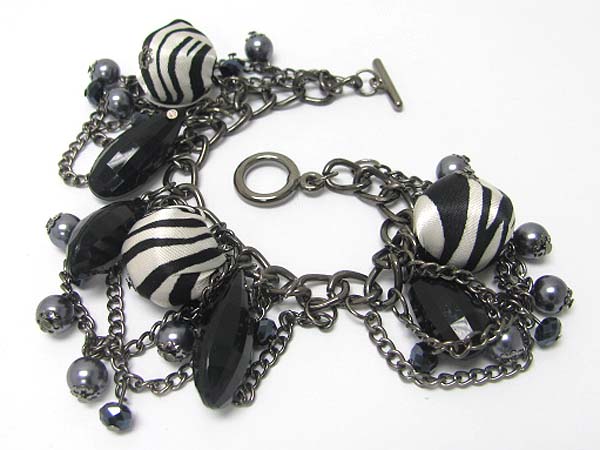 Zebra pattern ball and facet tear drop dangle multi chain link bracelet