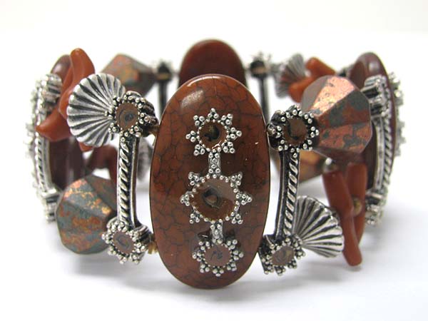 Natural stone and patina beads link wide stretch bracelet