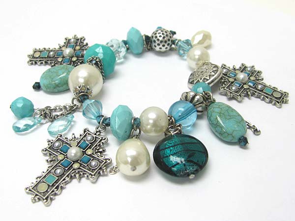 Pearl and stone deco cross charm and mixed stone dangle stretch bracelet