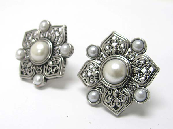 Pearl stud filigree metal flower earring - clip on