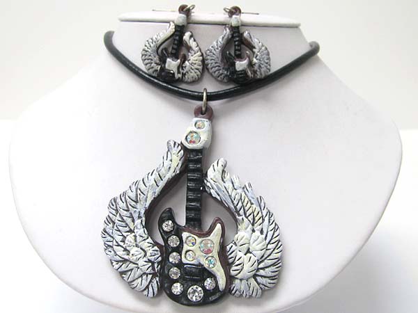 Crystal stud flying rock guitar pendant necklace earring set