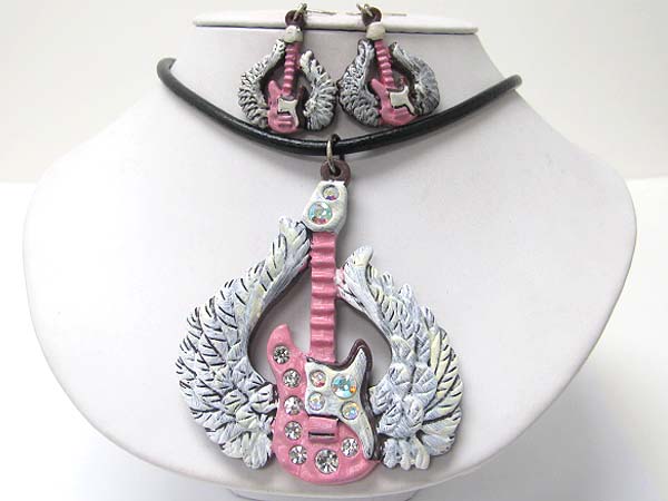 Crystal stud flying rock guitar pendant necklace earring set