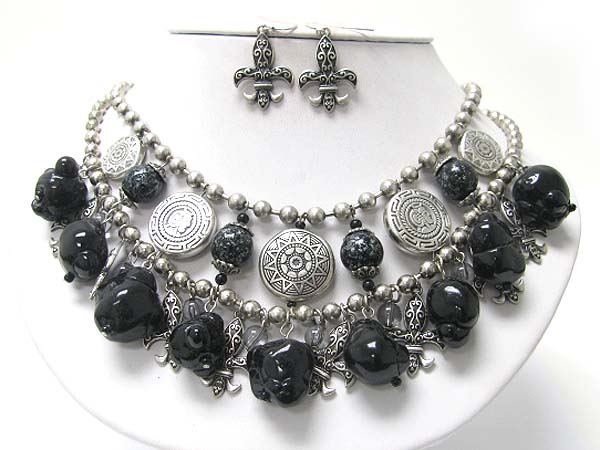 Multi natural stone and antique style metal charm dangle necklace earring set