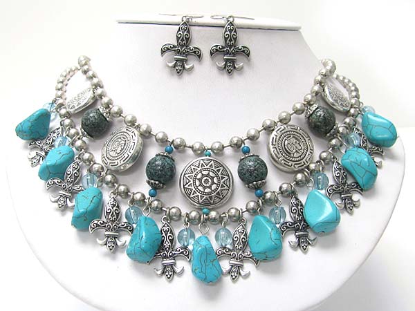 Multi natural stone and antique style metal charm dangle necklace earring set