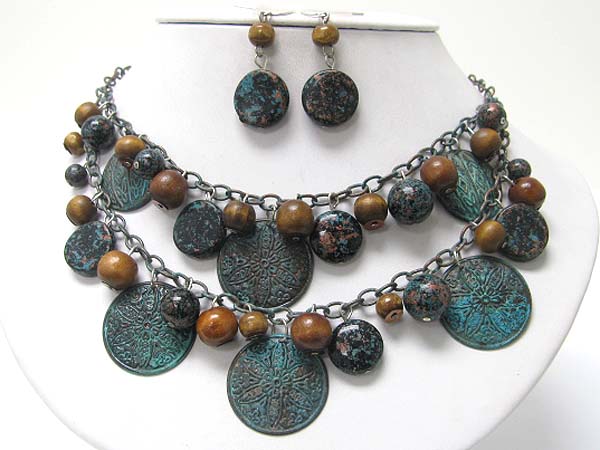 2 row multi patina disk and stone dangle neckalce earring set