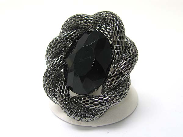 Facet glass stone and metal tube chain deco stretch ring